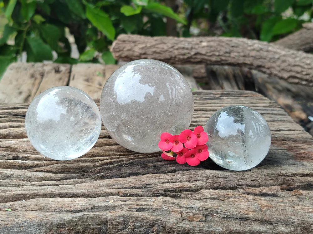 Polished Clear Quartz Crystal Balls x 3