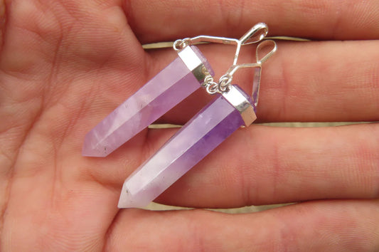 Chevron Amethyst Crystal Point set in Sterling Silver Pendant