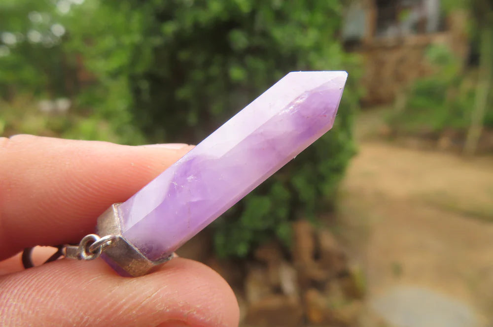 Chevron Amethyst Crystal Point set in Sterling Silver Pendant