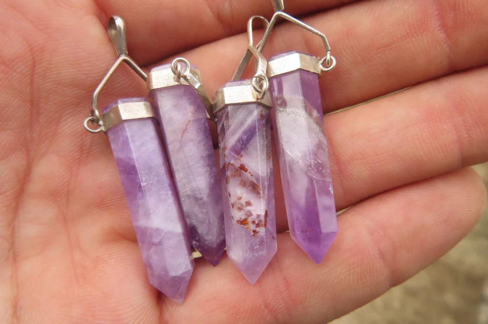 Chevron Amethyst Crystal Point set in Sterling Silver Pendant