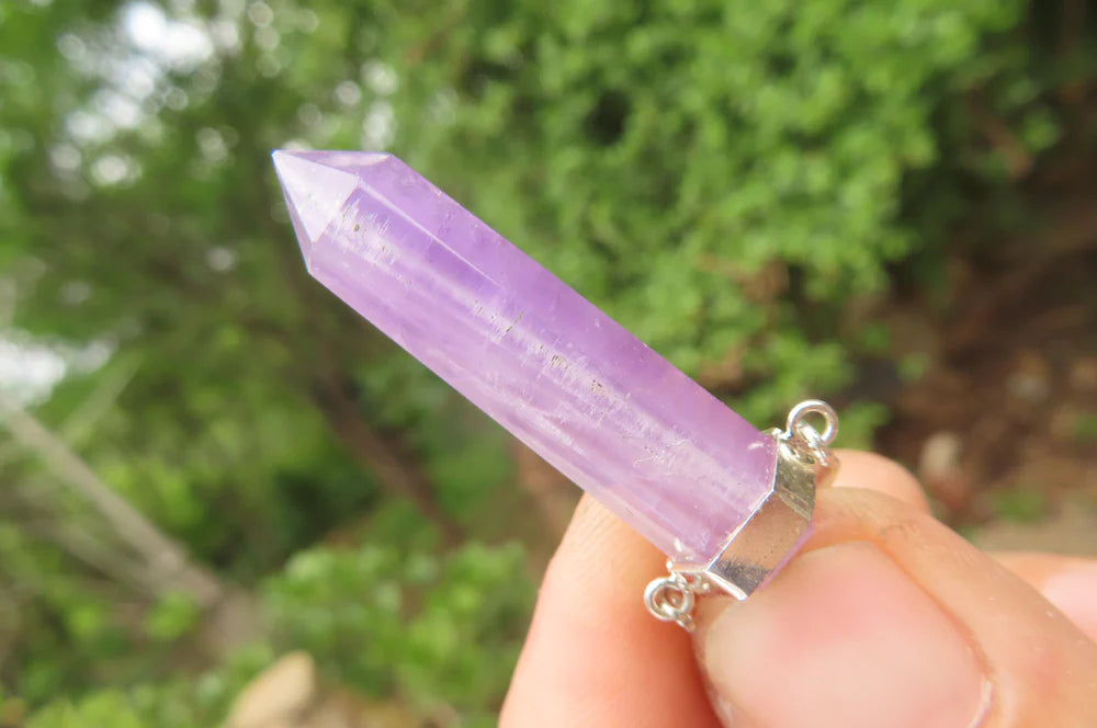 Chevron Amethyst Crystal Point set in Sterling Silver Pendant