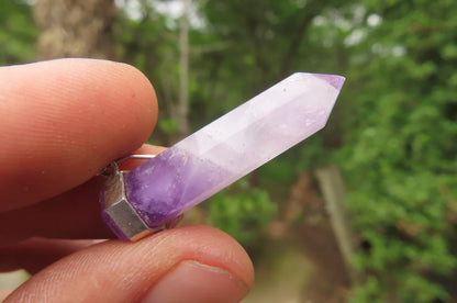 Chevron Amethyst Crystal Point set in Sterling Silver Pendant