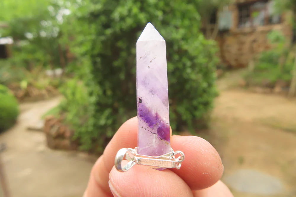 Chevron Amethyst Crystal Point set in Sterling Silver Pendant