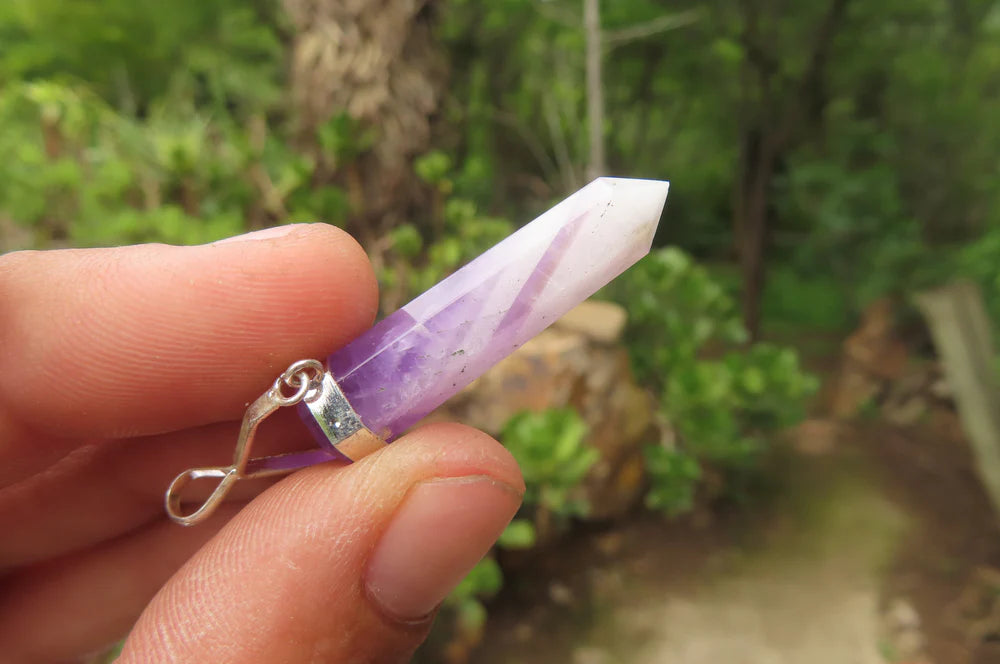 Chevron Amethyst Crystal Point set in Sterling Silver Pendant