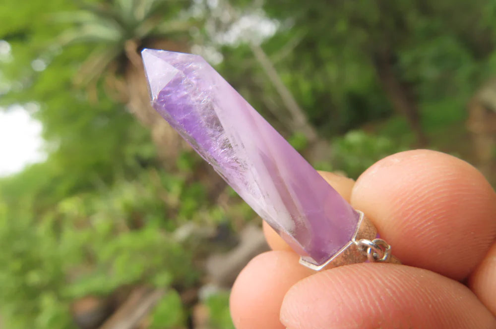 Chevron Amethyst Crystal Point set in Sterling Silver Pendant