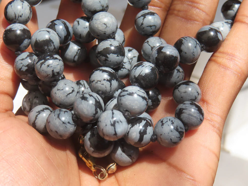 Snowflake Obsidian Ball Shaped Beaded Necklace