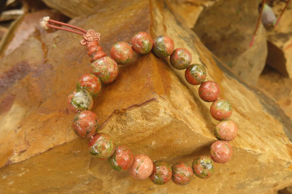 Unakite Beaded Stretch Buddha Bracelet